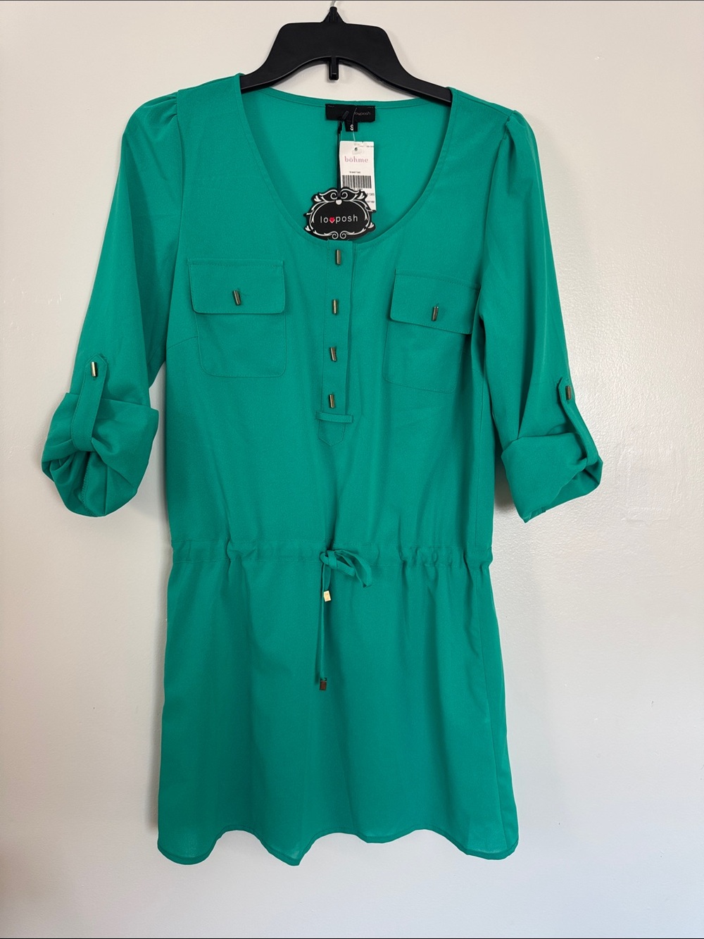 Lovposh Teal Drawstring V-Neck Mini Dress